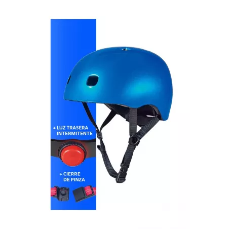 Casco infantil azul metalizado V2 con cierre magnético Fidlock y luz LED trasera de seguridad.