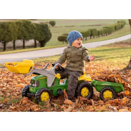 John Deere con pala y remolque a pedales
