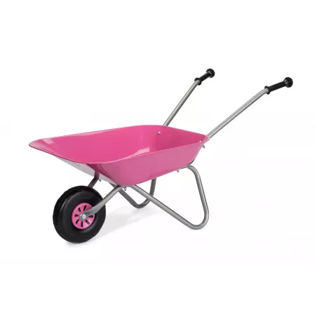 Carretilla metálica infantil Rolly Toys con tazón de metal resistente y mangos ergonómicos para juego al aire libre.