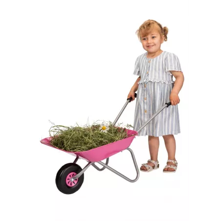 Carretilla metálica infantil Rolly Toys con tazón de metal resistente y mangos ergonómicos para juego al aire libre.