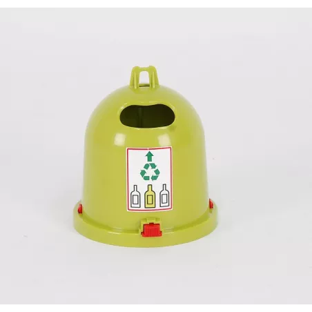 Contenedor de vidrio verde de juguete Bruder a escala 1:16 para escenarios de reciclaje.