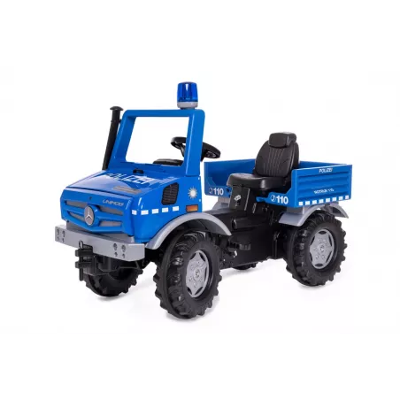Vehículo de pedales Rolly Unimog Policía para niños de 3 a 8 años con asiento ajustable y ruedas silenciosas.