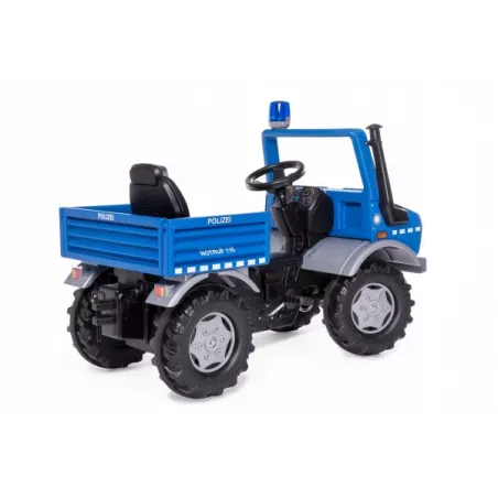 Vehículo de pedales Rolly Unimog Policía para niños de 3 a 8 años con asiento ajustable y ruedas silenciosas.