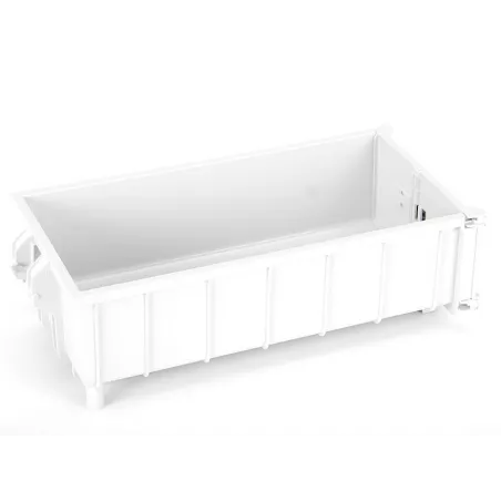 Contenedor roll-off blanco de juguete Bruder a escala 1:16 para camiones de construcción en miniatura.