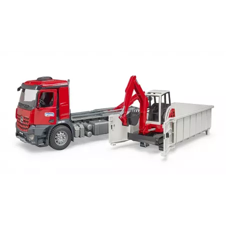 Camión Mercedes-Benz Arocs con miniexcavadora Schaeff HR16 de juguete para construcción.