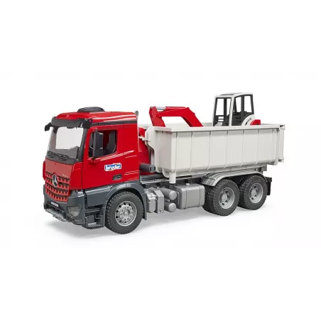 Camión Mercedes-Benz Arocs con miniexcavadora Schaeff HR16 de juguete para construcción.