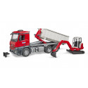 Camión Mercedes-Benz Arocs con miniexcavadora Schaeff HR16 de juguete para construcción.