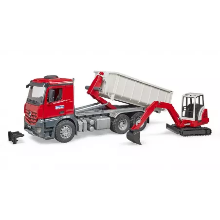 Camión Mercedes-Benz Arocs con miniexcavadora Schaeff HR16 de juguete para construcción.