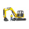 Miniexcavadora Cat de juguete Bruder escala 1:16 con figura de obrero y brazo articulado funcional.
