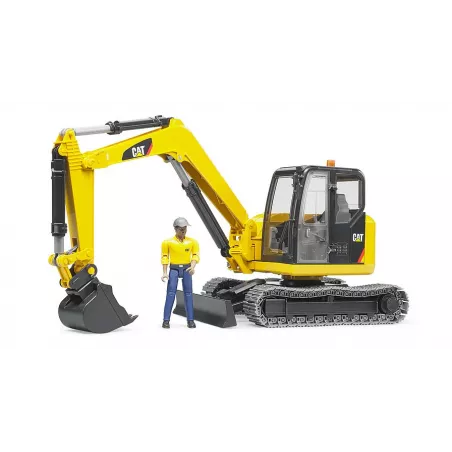 Miniexcavadora Cat de juguete Bruder escala 1:16 con figura de obrero y brazo articulado funcional.