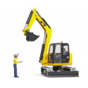 Miniexcavadora Cat de juguete Bruder escala 1:16 con figura de obrero y brazo articulado funcional.