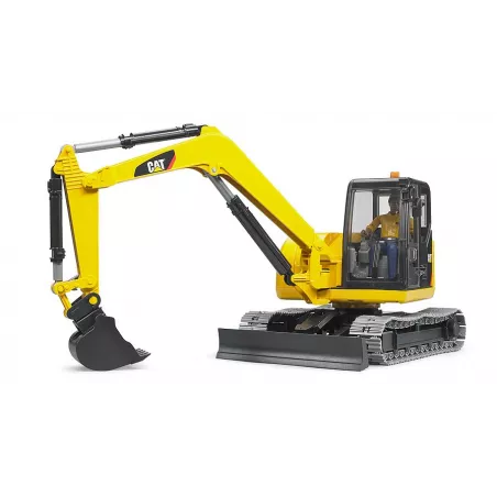 Miniexcavadora Cat de juguete Bruder escala 1:16 con figura de obrero y brazo articulado funcional.