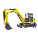 Miniexcavadora Cat de juguete Bruder escala 1:16 con figura de obrero y brazo articulado funcional.
