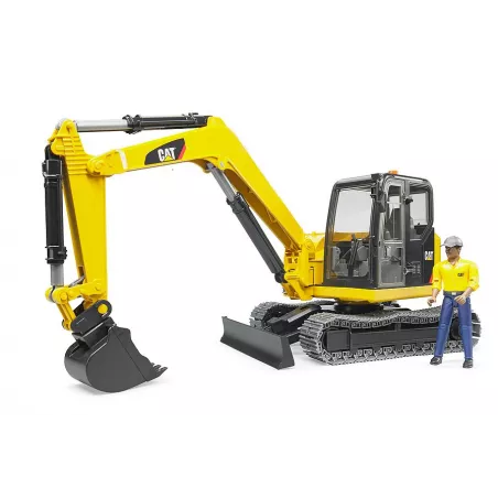 Miniexcavadora Cat de juguete Bruder escala 1:16 con figura de obrero y brazo articulado funcional.