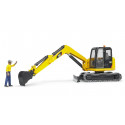 Miniexcavadora Cat de juguete Bruder escala 1:16 con figura de obrero y brazo articulado funcional.