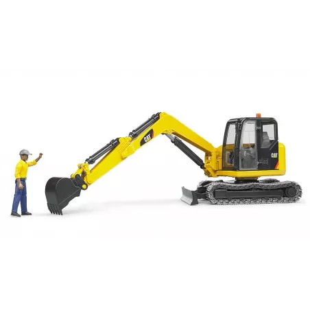 Miniexcavadora Cat de juguete Bruder escala 1:16 con figura de obrero y brazo articulado funcional.