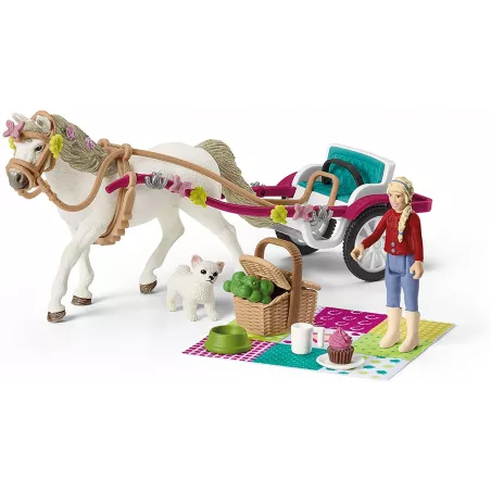 Coche de caballos de juguete Schleich Horse Club con poni Connemara, Clara y accesorios de pícnic.
