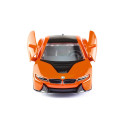 Miniatura de juguete BMW i8 LCI a escala 1:50 en metal y plástico con puertas que se abren y neumáticos cambiables.