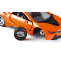 Miniatura de juguete BMW i8 LCI a escala 1:50 en metal y plástico con puertas que se abren y neumáticos cambiables.