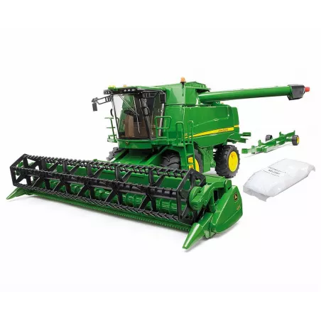 Cosechadora de juguete John Deere T670i de Bruder a escala 1:16 con cabezal de corte móvil.