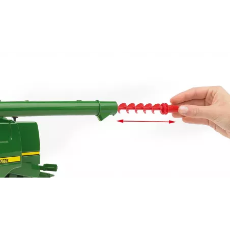 Cosechadora de juguete John Deere T670i de Bruder a escala 1:16 con cabezal de corte móvil.