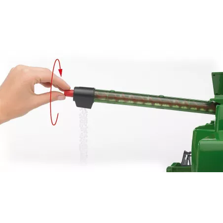 Cosechadora de juguete John Deere T670i de Bruder a escala 1:16 con cabezal de corte móvil.