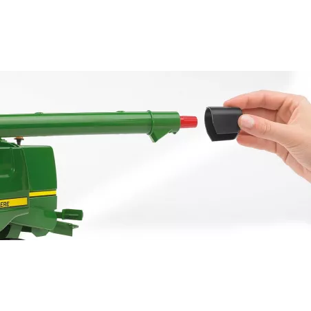 Cosechadora de juguete John Deere T670i de Bruder a escala 1:16 con cabezal de corte móvil.