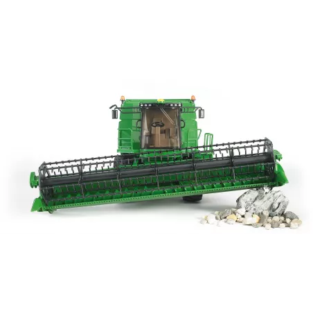 Cosechadora de juguete John Deere T670i de Bruder a escala 1:16 con cabezal de corte móvil.