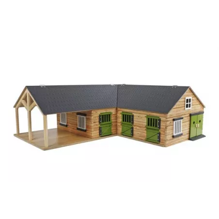 Establo de esquina de madera Kids Globe a escala 1:24 con 3 boxes para caballos de juguete Schleich.