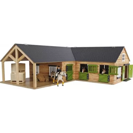 Establo de esquina de madera Kids Globe a escala 1:24 con 3 boxes para caballos de juguete Schleich.