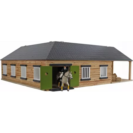 Establo de esquina de madera Kids Globe a escala 1:24 con 3 boxes para caballos de juguete Schleich.
