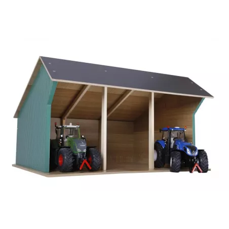 Cobertizo grande de madera de juguete para tractores infantiles con techo abatible.