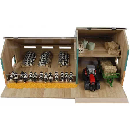 Establo de juguete de madera a escala 1:32 con cobertizo y zona de alimentación para niños.