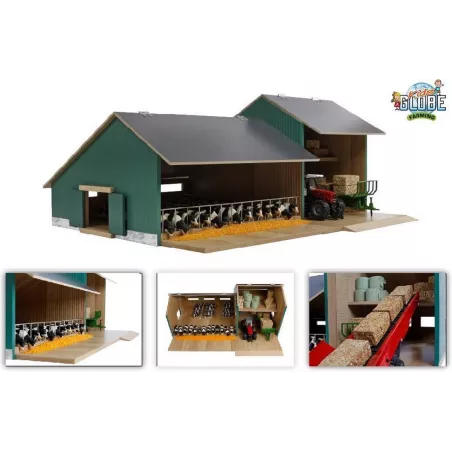 Establo de juguete de madera a escala 1:32 con cobertizo y zona de alimentación para niños.