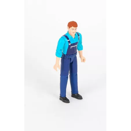 Figura de mecánico articulado Bruder escala 1:16 para vehículos de juguete y talleres.