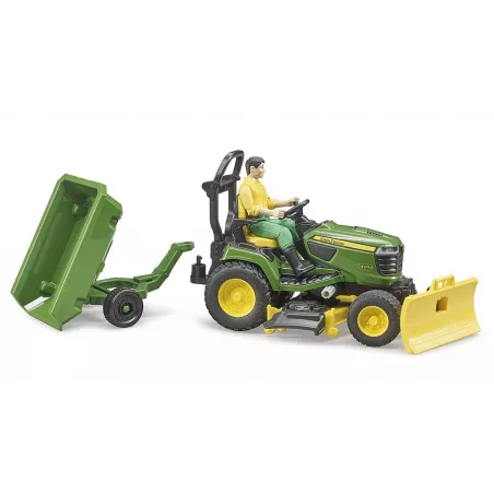 Cortacésped de juguete John Deere con remolque basculante, pala móvil y jardinero a escala 1:16.