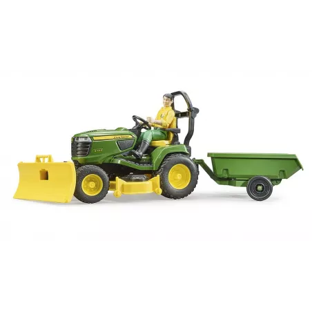 Cortacésped de juguete John Deere con remolque basculante, pala móvil y jardinero a escala 1:16.