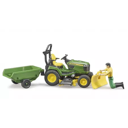 Cortacésped de juguete John Deere con remolque basculante, pala móvil y jardinero a escala 1:16.