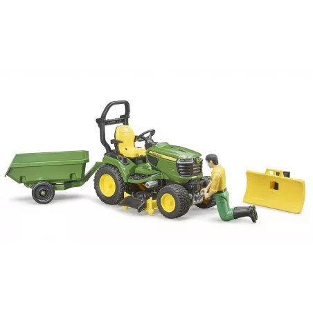 Cortacésped de juguete John Deere con remolque basculante, pala móvil y jardinero a escala 1:16.