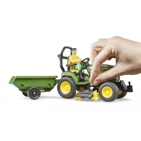 Cortacésped de juguete John Deere con remolque basculante, pala móvil y jardinero a escala 1:16.