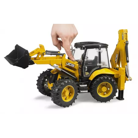 Retroexcavadora de juguete JCB 5CX eco marca Bruder a escala 1:16 con palas móviles.