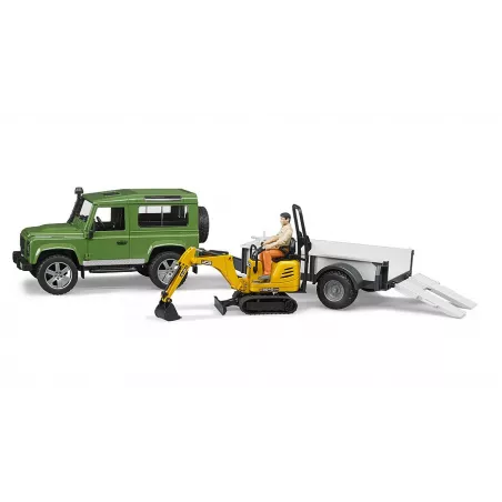 Coche Land Rover con remolque micro excavadora JCB y muñeco - Escala 1:16