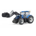 Tractor de juguete New Holland T7.315 de Bruder a escala 1:16 con pala cargadora frontal.