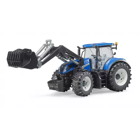 Tractor de juguete New Holland T7.315 de Bruder a escala 1:16 con pala cargadora frontal.