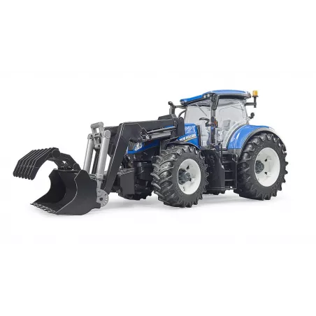 Tractor de juguete New Holland T7.315 de Bruder a escala 1:16 con pala cargadora frontal.