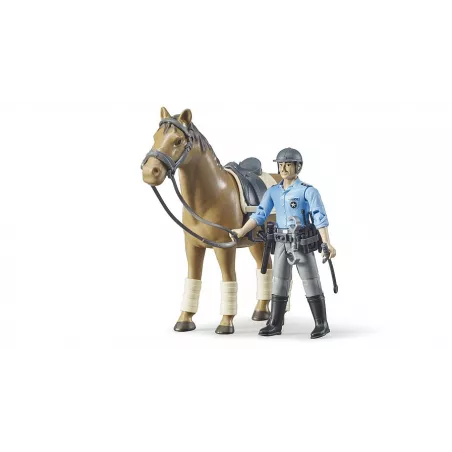 Set de policía montada Bruder a escala 1:16 con figura de oficial y caballo de juguete.