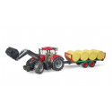 Tractor de juguete Case IH Optum 300CVX con pala frontal y remolque de pacas Bruder a escala 1:16.