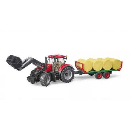 Tractor de juguete Case IH Optum 300CVX con pala frontal y remolque de pacas Bruder a escala 1:16.