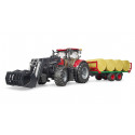 Tractor de juguete Case IH Optum 300CVX con pala frontal y remolque de pacas Bruder a escala 1:16.
