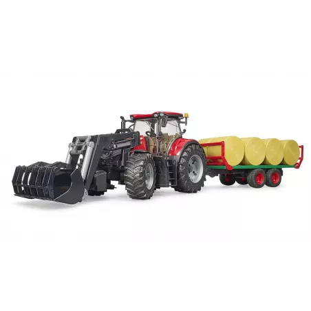 Tractor de juguete Case IH Optum 300CVX con pala frontal y remolque de pacas Bruder a escala 1:16.